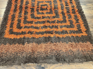 Vintage Rya Shag Rug 4.6 x 6.6, Abstract Design, Brown and Orange, Mid Century Danish Rya Carpet