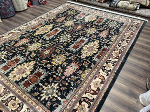 Indo Persian Mahal Rug 9x12, Dark Green and Cream Hand Knotted Wool Oriental Carpet, Floral Allover, Vintage Traditional Handmade Room Sized