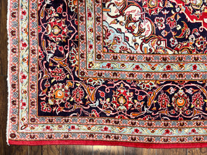 Persian Kashan Rug 10x13, Floral Medallion, Traditional Area Rug, Red Navy Blue Ivory, Handmade Semi Antique Vintage Wool Oriental Carpet 10 x 13