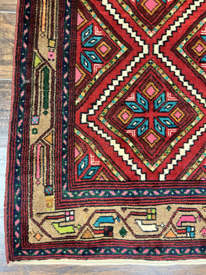 Persian Tribal Runner Rug 3x10, Red Camel Hair Navy Blue, Handmade Hand Knotted 10ft Wool Oriental Vintage Runner for Kitchen or Hallway, Persian Lilihan Hamadan Runner