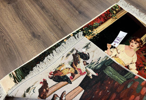 Persian Tabriz Pictorial Rug 2x3, Fine High KPSI Pictorial Carpet, Lady in Front of Home with Chickens 2 x 3 ft Oriental Rug Vintage Handmade Wool