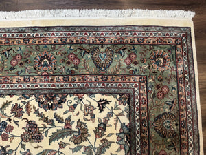 Indo Persian Rug 9x12, Allover Floral Pattern, Ivory & Green, Traditional Oriental Carpet