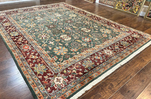 Indo Persian Rug 9x12, Wool Hand Knotted Vintage Carpet, Green and Maroon, Traditional Allover Floral Design, 9 x 12 Room Sized Rug