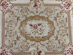 Aubusson Needlepoint Rug 4x5 ft, Beige and Tan, Aubusson Savonnerie Vintage Carpet, Handwoven Handmade Wool Rug, European Design Floral Rose