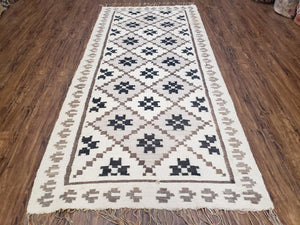 Semi Antique South American Blanket 4x8, Wool Hand-Woven Flatweave Kilim Rug, Handmade Antique Vintage Runner, Ivory & Blue, Diamond Panel