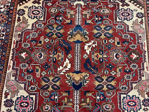 Antique Persian Heriz Rug 8x12 ft, Geometric Tribal Room Sized Carpet, Camel Hair Red Navy Blue, Wool Hand Knotted Medallion Oriental Carpet