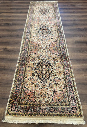 Silk Indian Kashmiri Runner Rug 2.7 x 9.8, Floral Medallions