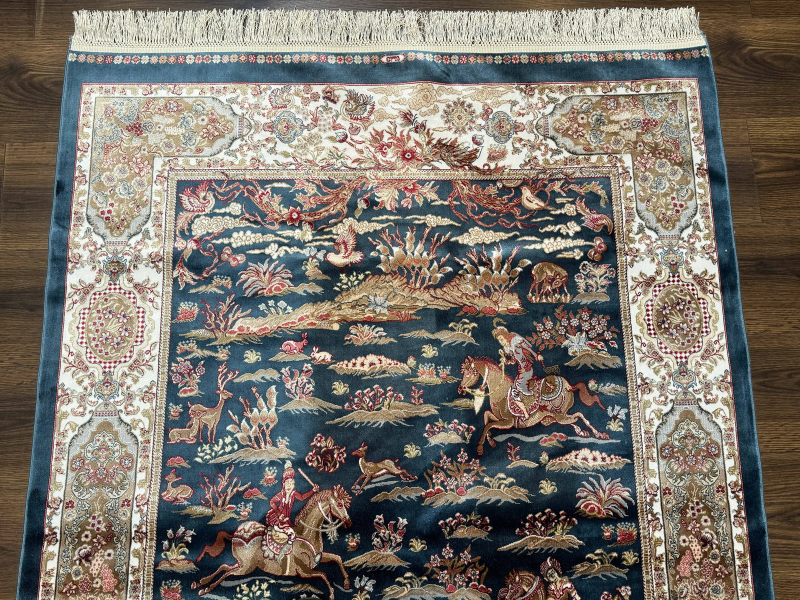 Turkish Silk Hunting Design Rug 4x6, Dark Steel Blue & Ivory, Bamboo Silk, New