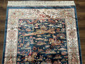 Turkish Silk Hunting Design Rug 4x6, Dark Steel Blue & Ivory, Bamboo Silk, New