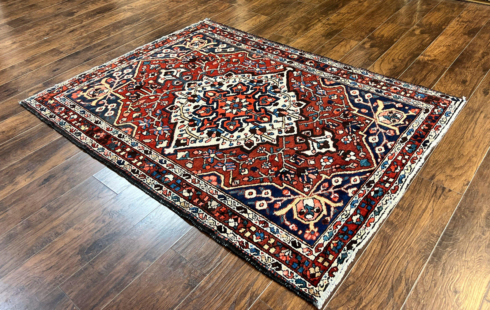 Persian Bakhtiari Rug 5 x 6.6, Tribal Geometric Carpet, Red Ivory, Handmade Wool Medium Sized Oriental Rug, Semi Antique Vintage