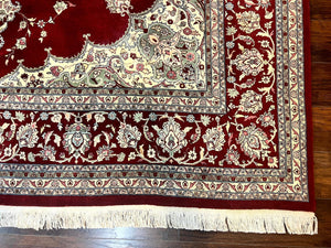 Pak Persian Rug 9x12, Handmade Vintage Traditional Wool Carpet, Floral Medallion, Dark Red Ivory/Cream, Fine 250 KPSI