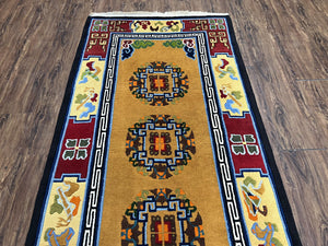 Vintage Chinese Art Deco Rug 3x6, Orange Dark Blue Maroon Chinese Peking Carpet, Asian Oriental Wool Rug, Bold Colors, Bedroom Rug, Hallway