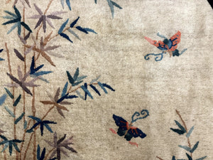 Antique Chinese Oval Rug 3.9 x 6.7, Floral, Butterflies, Chinese Wool Art Deco Peking Carpet, Beige, Handmade