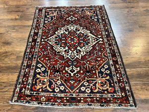 Persian Bakhtiari Rug 5 x 6.6, Tribal Geometric Carpet, Red Ivory, Handmade Wool Medium Sized Oriental Rug, Semi Antique Vintage