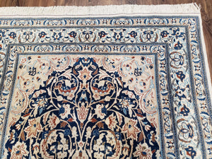 Persian Nain Rug 4x6, Ivory and Blue, Hand-Knotted, Wool & Silk