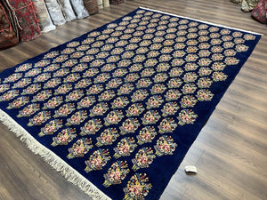 Persian Rug 9x12, Authentic Hand Knotted Carpet, Repeated Floral Motif Garden of Eden, Navy Blue Wool Rug 9 x 12, Semi Antique Kirman Rug