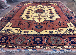 Afghan Heriz Rug 9x12, Tribal Geometric Serapi Carpet, Rust Cream and Navy, Wool on Wool