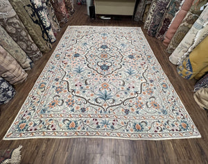 Chain Stitched Rug 9x12 Vintage Carpet 9 x 12 Flatweave Rug, Ivory Teal Rug, Area Rug 9 by 12, Hand Stitched Rug, Medallion, Indian Rug