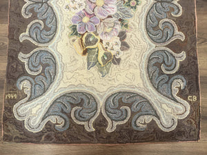 Antique American Hooked Rug 3 x 4.6, Vintage, Floral