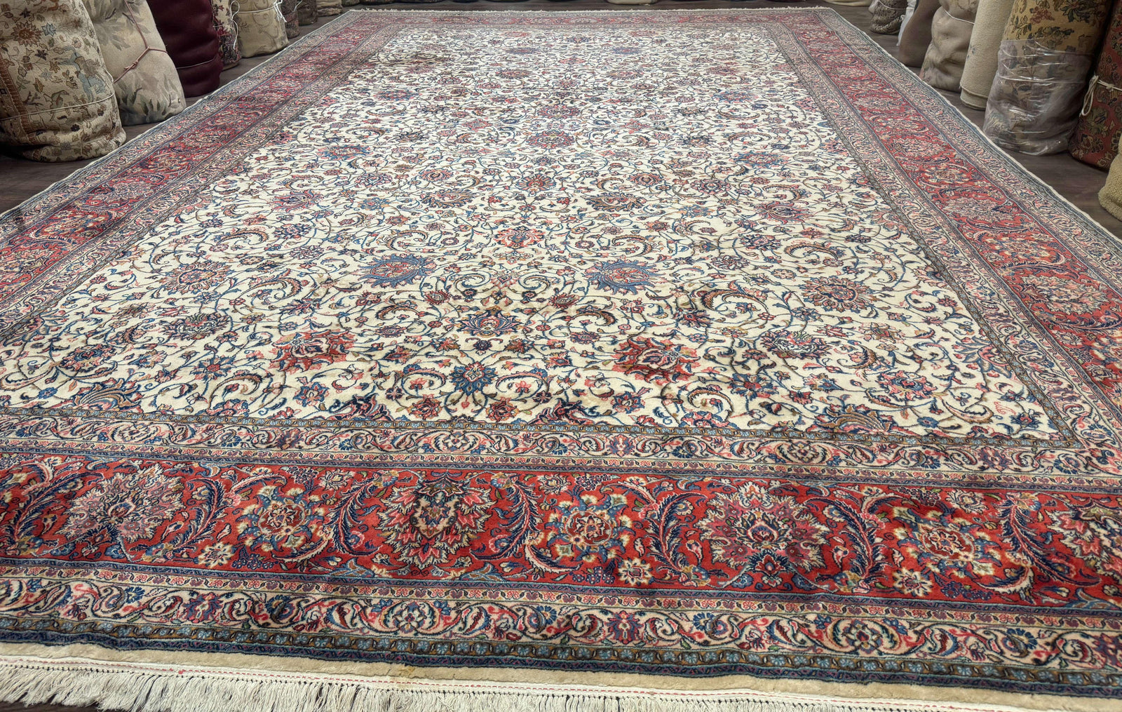 Ivory Persian Sarouk Rug 13x20, Palace Size Carpet, 225 KPSI, Traditional Wool Handmade Vintage Extra Large Rug 13 x 20 ft, Allover Pattern,