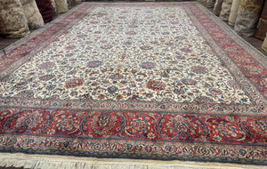 Ivory Persian Sarouk Rug 13x20, Palace Size Carpet, 225 KPSI, Traditional Wool Handmade Vintage Extra Large Rug 13 x 20 ft, Allover Pattern,