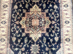 Karastan Rug Navy Serapi, Kara Shah Rug, Navy Blue, 5.6 x 8.6, Vintage Karastan Area Rug, Wool Pile Karastan Rug