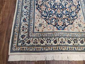 Persian Nain Rug 4x6, Ivory and Blue, Hand-Knotted, Wool & Silk