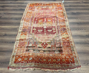 Antique Turkish Melas Rug 4x7, Tribal Geometric Unique Collectible Hand Knotted Wool Oriental Carpet, Rare 1920s Rug, Burnt Orange Red