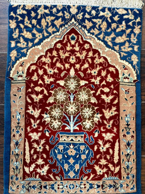 Small Persian Nain Rug, Persian Vase Tree of Life Design, Red and Blue, Very Fine 260 KPSI, Wool and Silk Highlights
