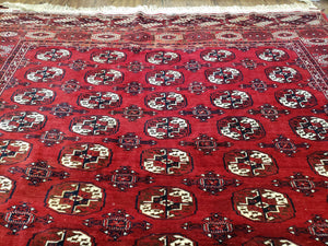 Persian Turkoman Rug 8 x 12.5, Bokhara Turkoman Carpet, Fine Oriental Rug, Vintage Wool Handmade Area Rug, Red Black Cream, Room Sized