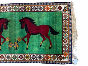 4 X 7 Handmade Rug Zagros Quality Wool Pictorial Horses Green Butterfly Colorful