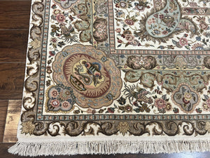 Sino Persian Rug 9x12, Wool on Silk Foundation Hand Knotted Ivory Vintage Carpet, Birds Design, Very Fine Room Sized Floral Oriental Rug