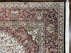 Silk Indian Kashmiri Rug 9 x 11 ft, Room Sized Silk Vintage Indo Persian Handmade Hand Knotted Fine Oriental Carpet, Ivory and Maroon