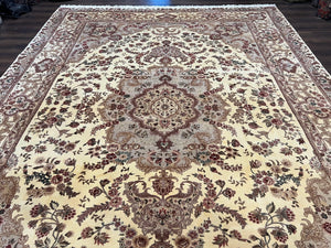 Vintage Sino Persian Rug 10x14, Room Sized Elegant Handmade Oriental Carpet 10 x 14, Floral Medallion Large Wool Rug with Silk Accents Beige
