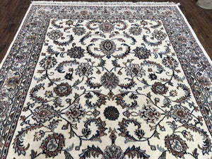 Indian Rug 5.7 x 9, Vintage Oriental Carpet, Handmade Hand Knotted Wool Rug, Living Room Rug, Bedroom Rug, Ivory and Gray, Allover Floral