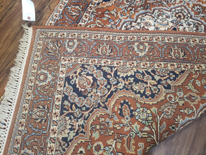 Antique Indian Kashmiri Area Rug 4x6, Wool Hand-Knotted Red & Ivory Floral Medallion Persian Carpet, Vintage Oriental Entryway Rug 4 x 6
