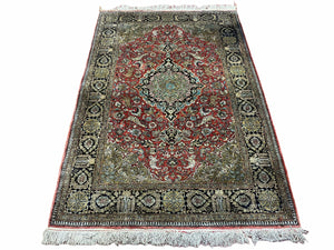 Persian Qum Silk Rug 3.8 x 5.6, Silk on Silk, Animal Pictorials, Fine 330 KPSI
