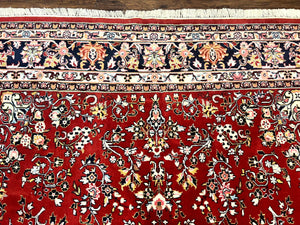 Indo Persian Sarouk Rug 8x10, Red, Floral Allover, Handmade Vintage Wool Carpet, Traditional Rug