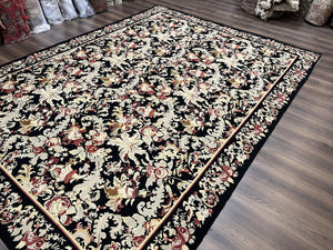 Wool Needlepoint Rug 9x12, William Morris Vintage Chinese Needlepoint Carpet 9 x 12, Handwoven, Allover Floral Area Rug, Black Light Green