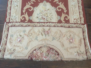 Aubusson Runner Rug 3x10, European Design, Red and Beige, Elegant, Handmade Wool Rug