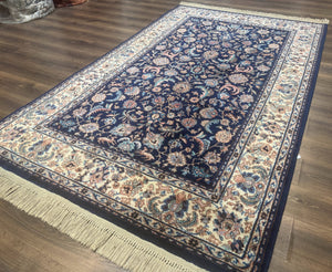 Karastan Rug #747, Indigo Tabriz 5.9 x 9, Wool Carpet Original 700 Series, Vintage Area Rug Allover Floral, Discontinued, Navy Blue Ivory