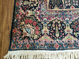 Persian Rug 10x15, Authentic Oriental Carpet 10 x 15, Wool Area Rug Panel Design Hand-Knotted Vintage Kirman Yazd Rug, Dark Blue and Beige,  Floral