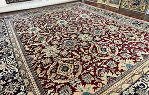 Indian Agra Rug 12x15, Maroon, Hand Knotted Vintage Palace Sized Oriental Carpet