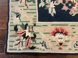 Vintage American Needlepoint Rug 4x6, Dark Green, Wool, Handmade, Flatweave Carpet