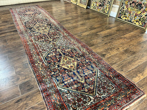 Antique Persian Runner Rug 3.7 x 15.8, Navy Blue Multicolor, Hand Knotted Handmade Wool Rug for Hallway, Geometric Medallions, Persian Hamadan Rug
