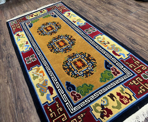 Vintage Chinese Art Deco Rug 3x6, Orange Dark Blue Maroon Chinese Peking Carpet, Asian Oriental Wool Rug, Bold Colors, Bedroom Rug, Hallway