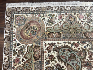 Sino Persian Rug 9x12, Wool on Silk Foundation Hand Knotted Ivory Vintage Carpet, Birds Design, Very Fine Room Sized Floral Oriental Rug