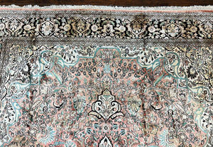 Indian Kashmiri Silk Rug 9x12, Vintage Rug 9 x 12 ft, Salmon Ivory Black Hand-Knotted Silk on Cotton Oriental Floral Carpet, Traditional Rug