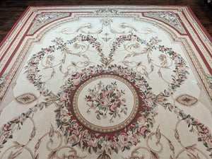 Large Aubusson Rug 10x14, Elegant French European Floral Design, Vintage Handmade Wool Room Sized Carpet, Ivory