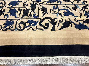 Antique Chinese Peking Rug 10x14, Beige Black, Handmade Wool Art Deco Carpet